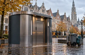 Nowoczesna toaleta publiczna na placu w Antwerpii, w tle kamienice i wieża katedry