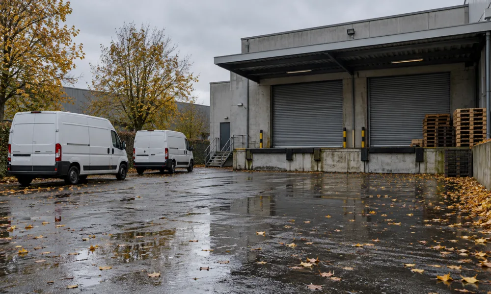 Pusty plac firmy logistycznej z zamkniętymi bramami rampy załadunkowej i dwiema białymi furgonetkami w deszczowy jesienny dzień