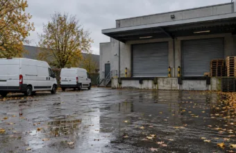 Pusty plac firmy logistycznej z zamkniętymi bramami rampy załadunkowej i dwiema białymi furgonetkami w deszczowy jesienny dzień