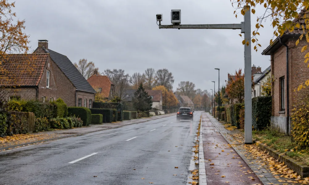 Kamera odcinkowego pomiaru prędkości na słupie nad wiejską drogą we Flandrii jesienią