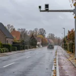 Kamera odcinkowego pomiaru prędkości na słupie nad wiejską drogą we Flandrii jesienią