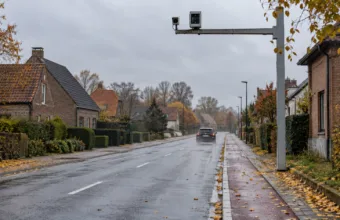 Kamera odcinkowego pomiaru prędkości na słupie nad wiejską drogą we Flandrii jesienią