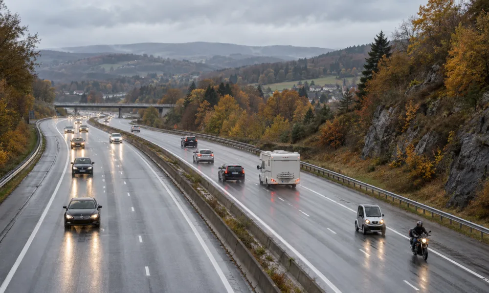 Autostrada w Walonii jesienią, na prawym pasie motocykl i mały mikrosamochód, dalej samochody osobowe i kamper