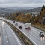 Autostrada w Walonii jesienią, na prawym pasie motocykl i mały mikrosamochód, dalej samochody osobowe i kamper