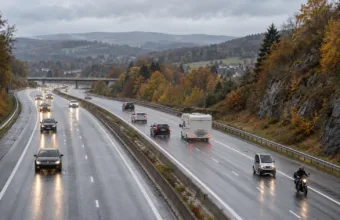 Autostrada w Walonii jesienią, na prawym pasie motocykl i mały mikrosamochód, dalej samochody osobowe i kamper