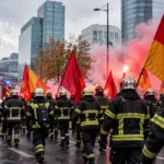 Strażacy w mundurach maszerują z flagami ulicą w dzielnicy biurowców, obok wóz strażacki i czerwony dym z rac