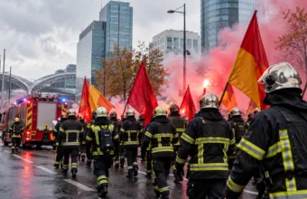 Strażacy w mundurach maszerują z flagami ulicą w dzielnicy biurowców, obok wóz strażacki i czerwony dym z rac