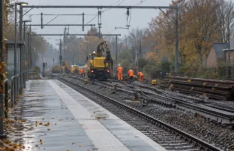 Robotnicy w kamizelkach odblaskowych wymieniają szyny przy pustym peronie małej stacji kolejowej jesienią