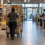 Pracownik z wózkiem z towarem w alejce dyskontu w niedzielny poranek