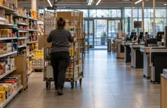 Pracownik z wózkiem z towarem w alejce dyskontu w niedzielny poranek