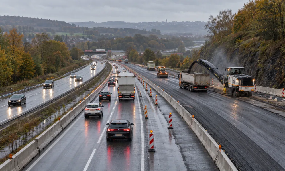 Roboty drogowe na autostradzie E40 w okolicach Liège, pachołki i bariery rozdzielające pasy ruchu