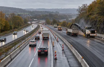 Roboty drogowe na autostradzie E40 w okolicach Liège, pachołki i bariery rozdzielające pasy ruchu