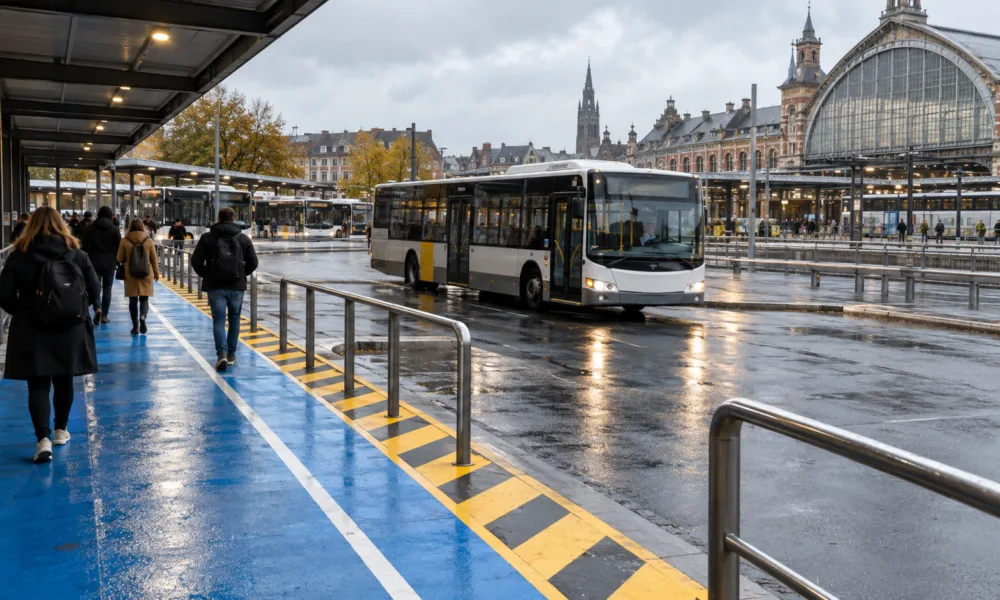 Dworzec autobusowy przy dworcu kolejowym, niebieski pas dla pieszych wzdłuż peronów i nadjeżdżający autobus