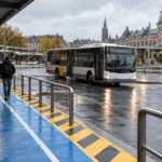 Dworzec autobusowy przy dworcu kolejowym, niebieski pas dla pieszych wzdłuż peronów i nadjeżdżający autobus