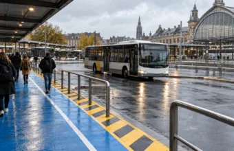 Dworzec autobusowy przy dworcu kolejowym, niebieski pas dla pieszych wzdłuż peronów i nadjeżdżający autobus