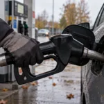 Tankowanie oleju napędowego na samoobsługowej stacji paliw jesienią