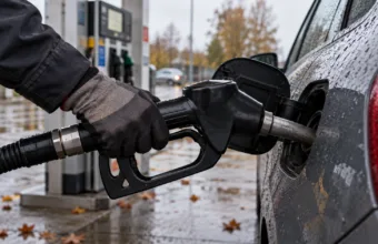 Tankowanie oleju napędowego na samoobsługowej stacji paliw jesienią