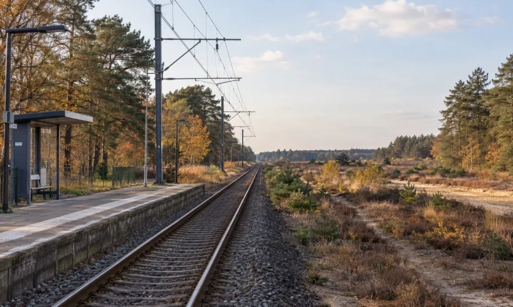 Jednotorowa linia kolejowa wśród wrzosowisk i sosen w północnej Limburgii, pusty peron
