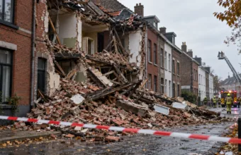 Gruzy zawalonego ceglanego domu w zabudowie szeregowej, taśma odgradzająca i strażacy w oddali