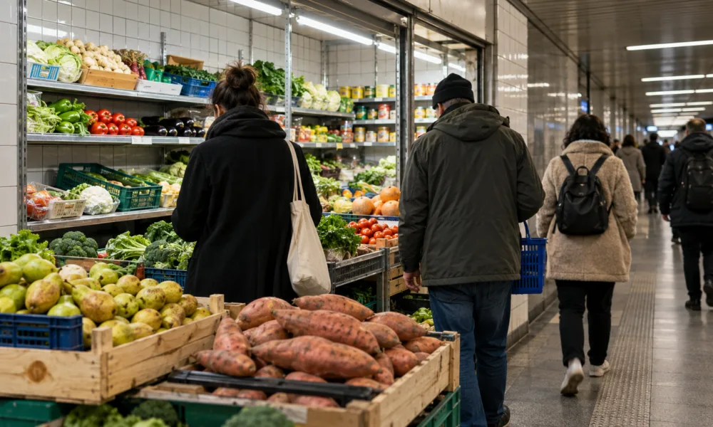 Sklep socjalny w stacji metra Porte de Namur w Brukseli otwarty dla wszystkich – bataty po 1,50 euro za kilogram, gruszki po 1,25 euro