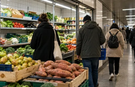 Sklep socjalny w stacji metra Porte de Namur w Brukseli otwarty dla wszystkich – bataty po 1,50 euro za kilogram, gruszki po 1,25 euro