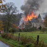 Pożar zamku Soheit-Tinlot w prowincji Liège – strażacy od rana walczą z ogniem w Condroz