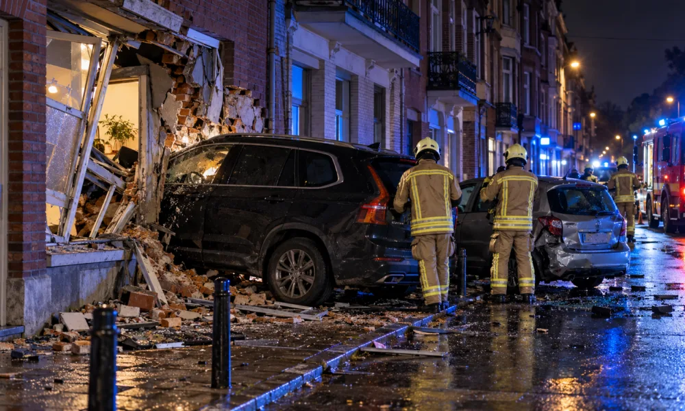 Audi uderzyło w zaparkowanego forda, który wbił się w fasadę domu w Forest – trzy osoby w szpitalu, na rue Saint-Denis odcięto gaz