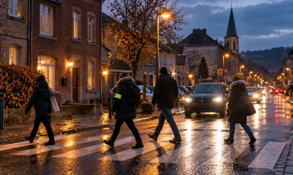 Piesi na przejściu dla pieszych o zmierzchu w walońskim miasteczku, światła samochodów