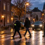 Piesi na przejściu dla pieszych o zmierzchu w walońskim miasteczku, światła samochodów