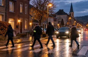 Piesi na przejściu dla pieszych o zmierzchu w walońskim miasteczku, światła samochodów
