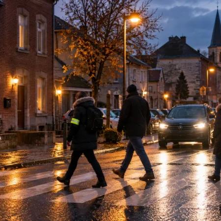 Piesi na przejściu dla pieszych o zmierzchu w walońskim miasteczku, światła samochodów