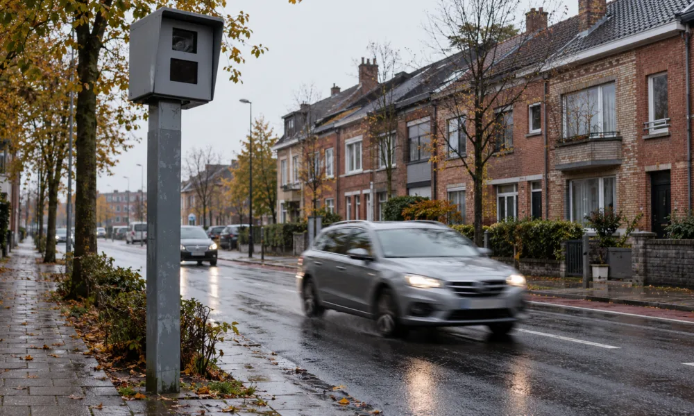 Fotoradar przy ulicy mieszkalnej w belgijskim mieście, obok przejeżdża samochód