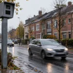 Fotoradar przy ulicy mieszkalnej w belgijskim mieście, obok przejeżdża samochód