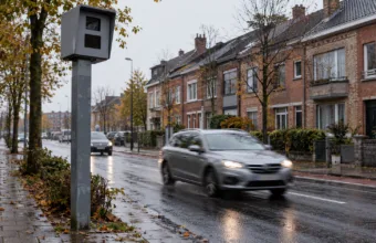 Fotoradar przy ulicy mieszkalnej w belgijskim mieście, obok przejeżdża samochód