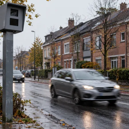 Fotoradar przy ulicy mieszkalnej w belgijskim mieście, obok przejeżdża samochód