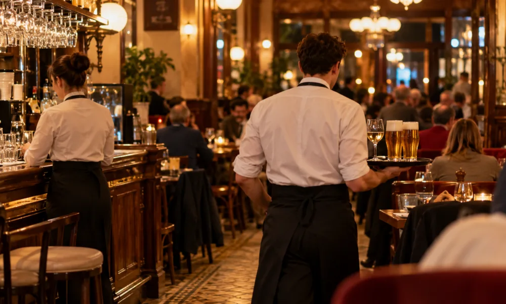 Kelner z tacą napojów w zatłoczonej belgijskiej brasserie wieczorem
