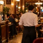 Kelner z tacą napojów w zatłoczonej belgijskiej brasserie wieczorem