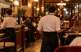 Kelner z tacą napojów w zatłoczonej belgijskiej brasserie wieczorem