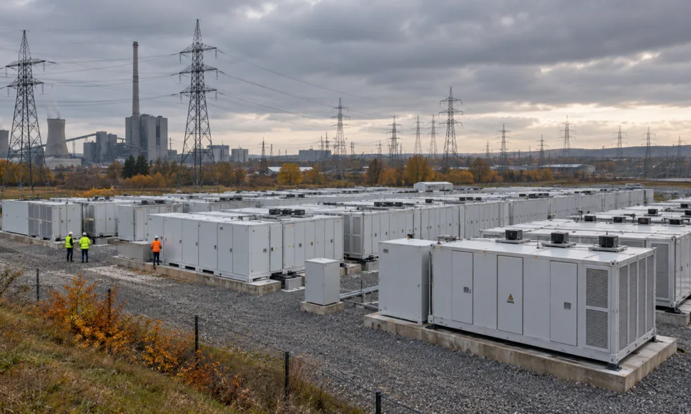 106 baterii Tesli na terenie dawnej elektrowni Langerlo w Genk – magazyn energii za 100 milionów euro ma od wiosny 2027 r. stabilizować sieć