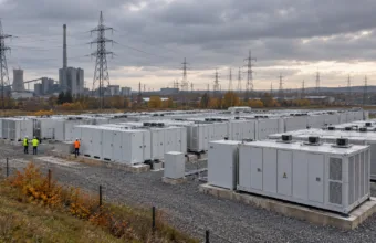 106 baterii Tesli na terenie dawnej elektrowni Langerlo w Genk – magazyn energii za 100 milionów euro ma od wiosny 2027 r. stabilizować sieć