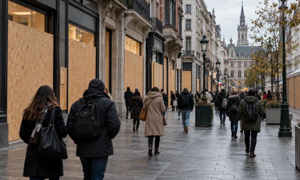 Rue Neuve w Brukseli zabita deskami przed sobotnią demonstracją 24 października – sklepy boją się plądrowania, wynajmują dodatkową ochronę