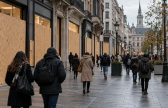 Rue Neuve w Brukseli zabita deskami przed sobotnią demonstracją 24 października – sklepy boją się plądrowania, wynajmują dodatkową ochronę