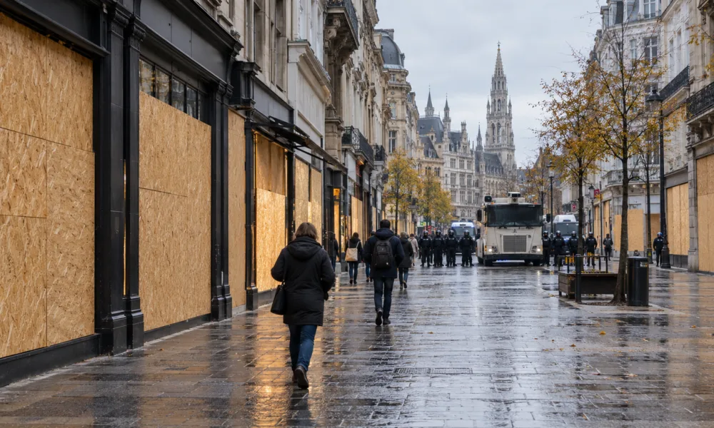 Spokojne przedpołudnie w Brukseli w sobotę 24 października – wezwania do protestu bez odzewu, sklepy przy rue Neuve i avenue Louise zabite deskami