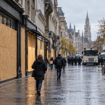 Spokojne przedpołudnie w Brukseli w sobotę 24 października – wezwania do protestu bez odzewu, sklepy przy rue Neuve i avenue Louise zabite deskami