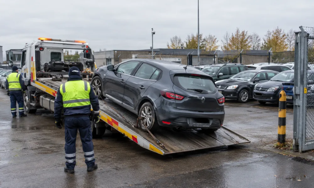Samochód ładowany na lawetę na parkingu depozytowym