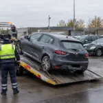 Samochód ładowany na lawetę na parkingu depozytowym