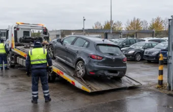 Samochód ładowany na lawetę na parkingu depozytowym