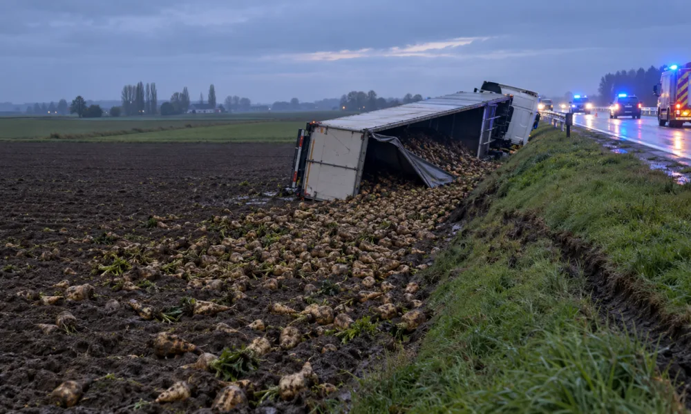 Dwa wypadki na A19 we Flandrii Zachodniej w niecałą dobę – audi w rowie w Geluveld drugą noc z rzędu w tym samym miejscu, ciężarówka z burakami cukrowymi w polu w Moorsele