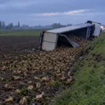 Dwa wypadki na A19 we Flandrii Zachodniej w niecałą dobę – audi w rowie w Geluveld drugą noc z rzędu w tym samym miejscu, ciężarówka z burakami cukrowymi w polu w Moorsele