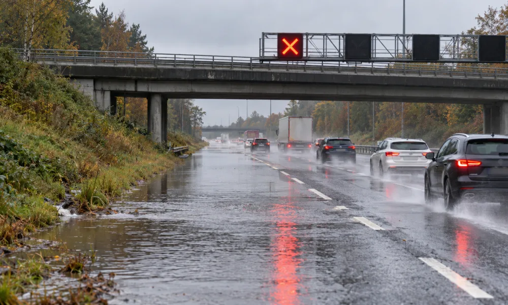 Autostrada E313 w Grobbendonk wciąż częściowo zamknięta po zalaniu – lewy pas wyłączony przy moście nad Bevrijdingsstraat, zarośnięty rów nie odprowadza wody